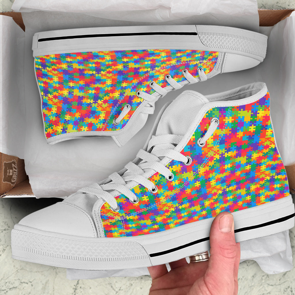 Awareness Puzzle Colorful Autism Print White High Top Shoes-grizzshop