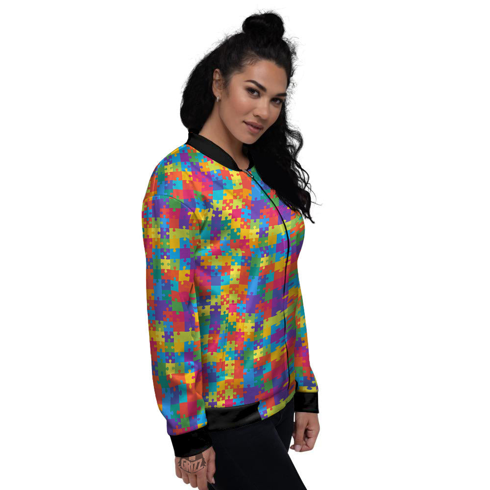 Awareness Puzzle Colorful Autism Print Women's Bomber Jacket-grizzshop