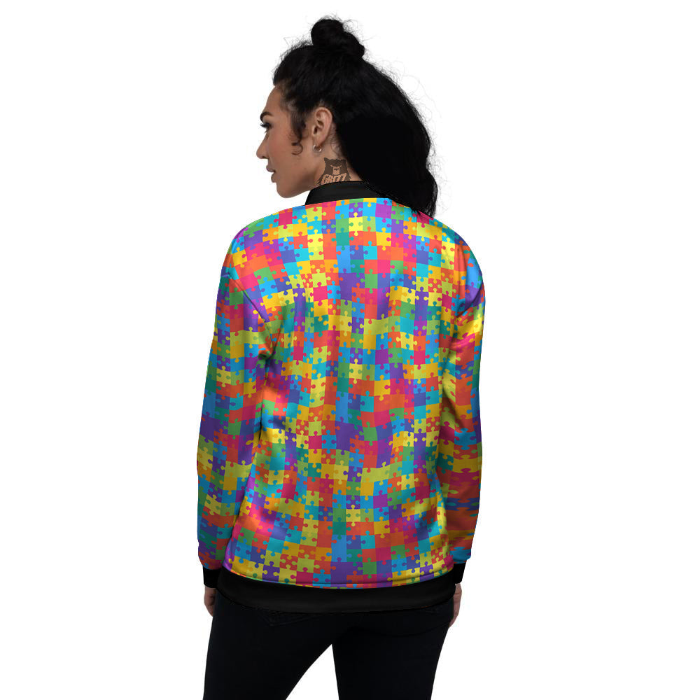 Awareness Puzzle Colorful Autism Print Women's Bomber Jacket-grizzshop