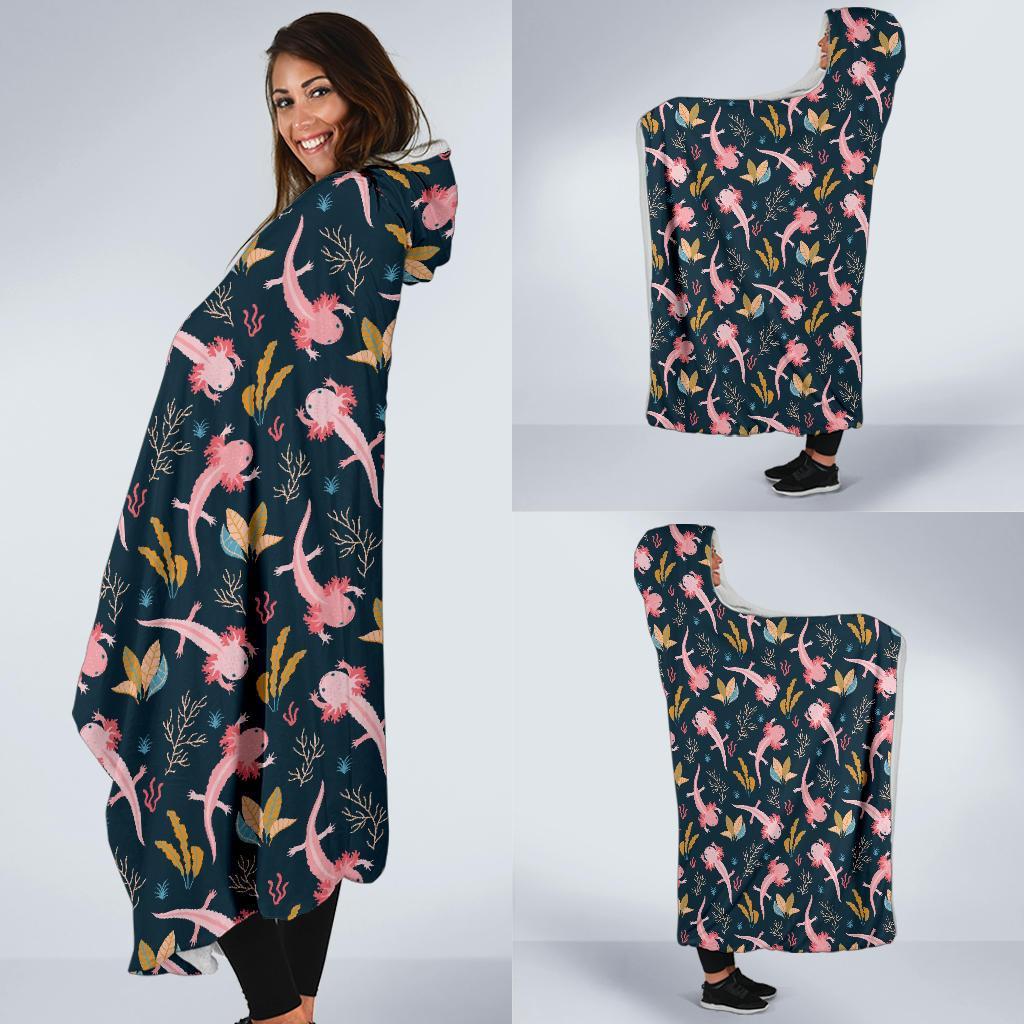 Axolotl Black Pattern Print Hooded Blanket-grizzshop
