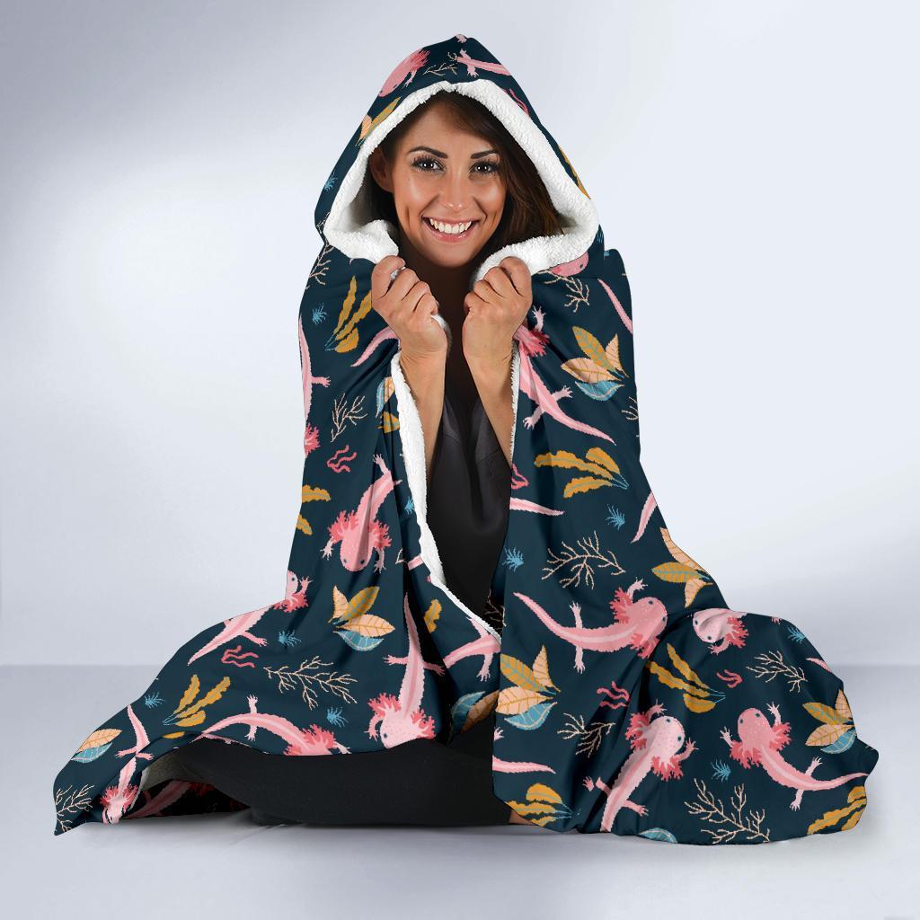 Axolotl Black Pattern Print Hooded Blanket-grizzshop
