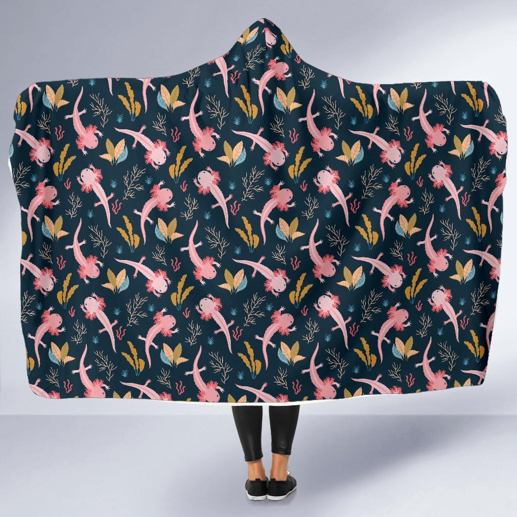Axolotl Black Pattern Print Hooded Blanket-grizzshop