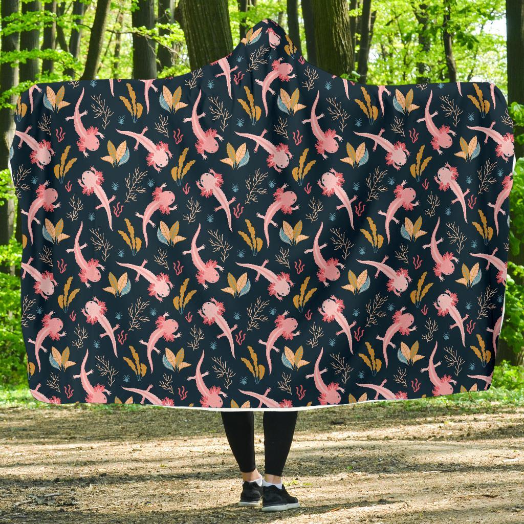 Axolotl Black Pattern Print Hooded Blanket-grizzshop