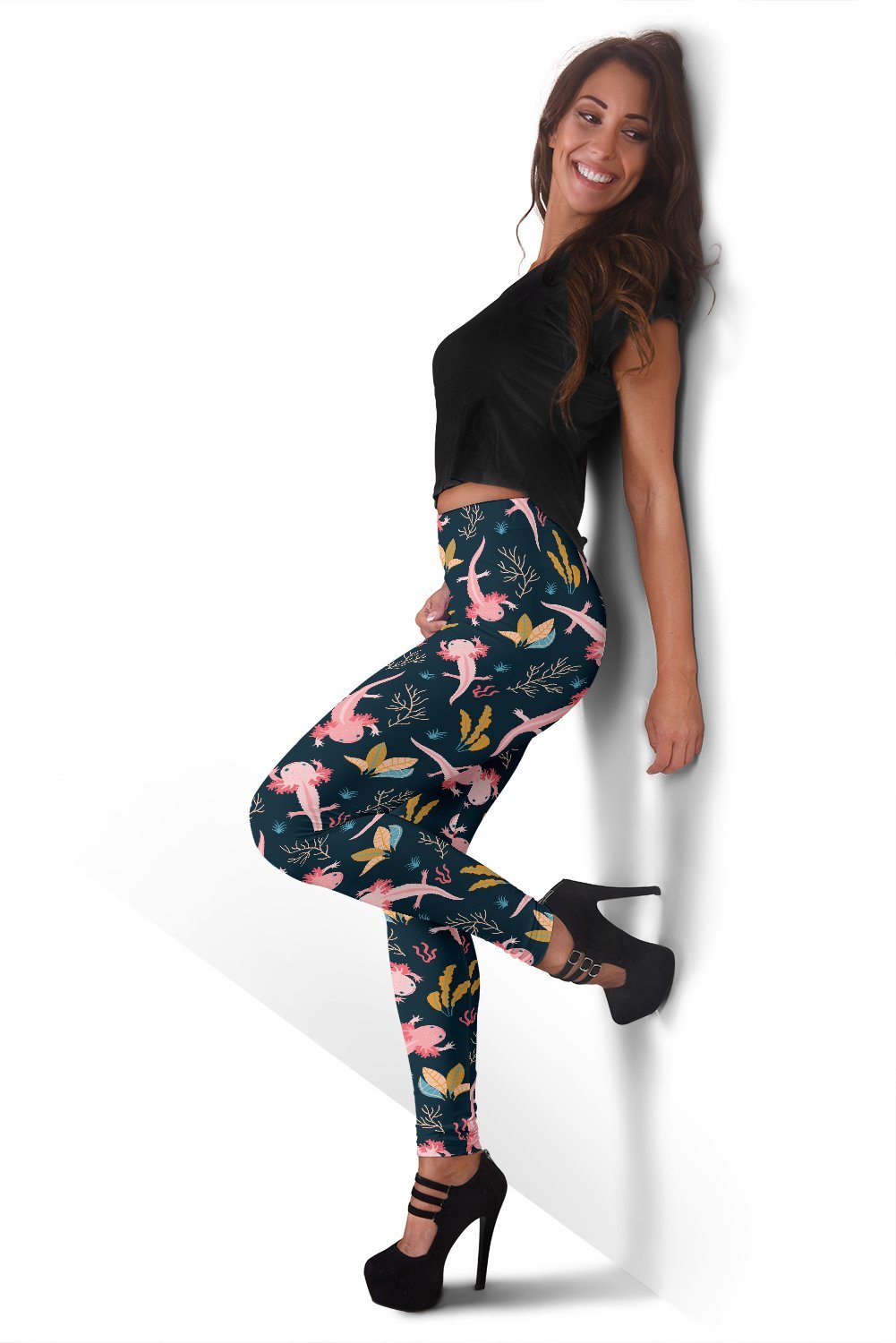 Axolotl Black Pattern Print Women Leggings-grizzshop