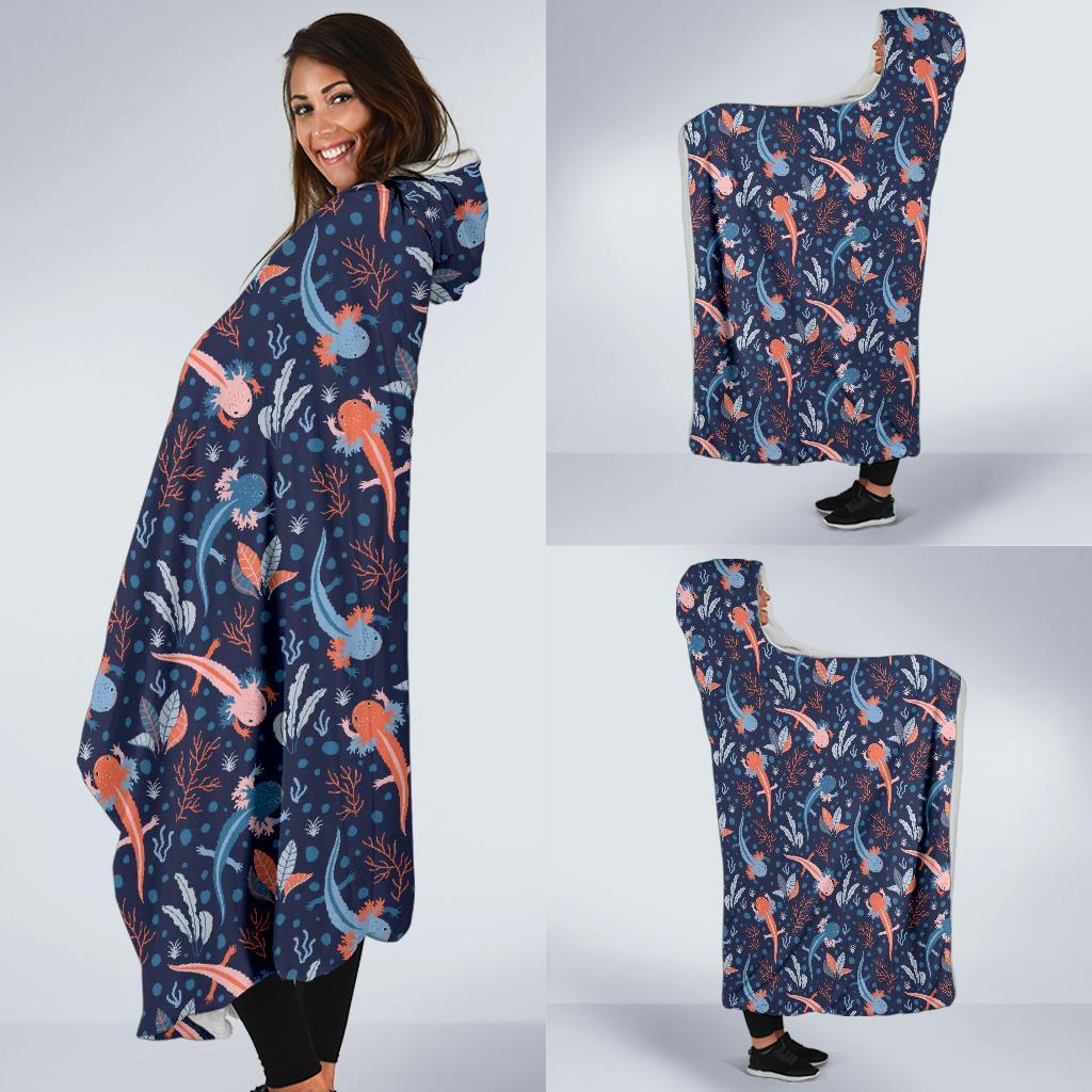 Axolotl Blue Pattern Print Hooded Blanket-grizzshop