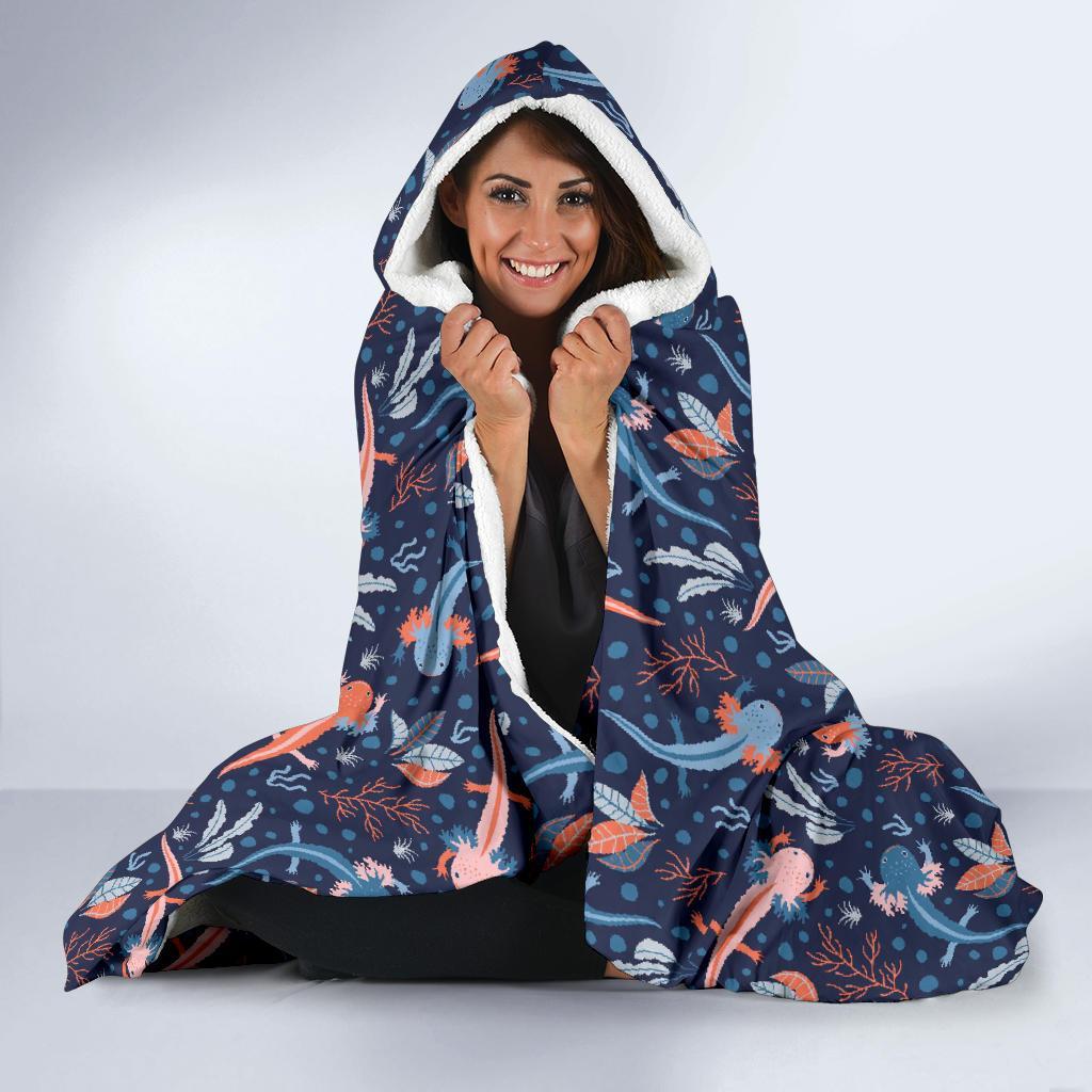 Axolotl Blue Pattern Print Hooded Blanket-grizzshop