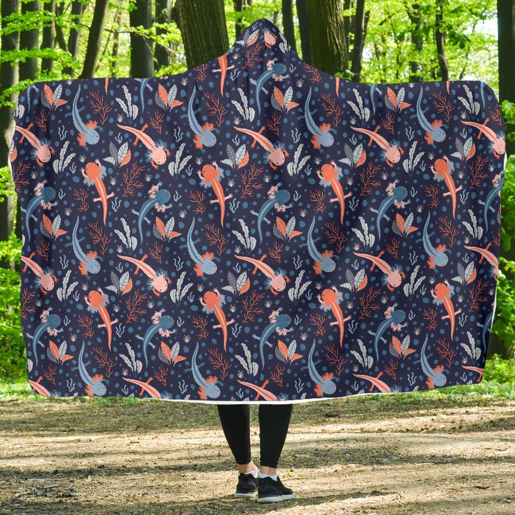 Axolotl Blue Pattern Print Hooded Blanket-grizzshop