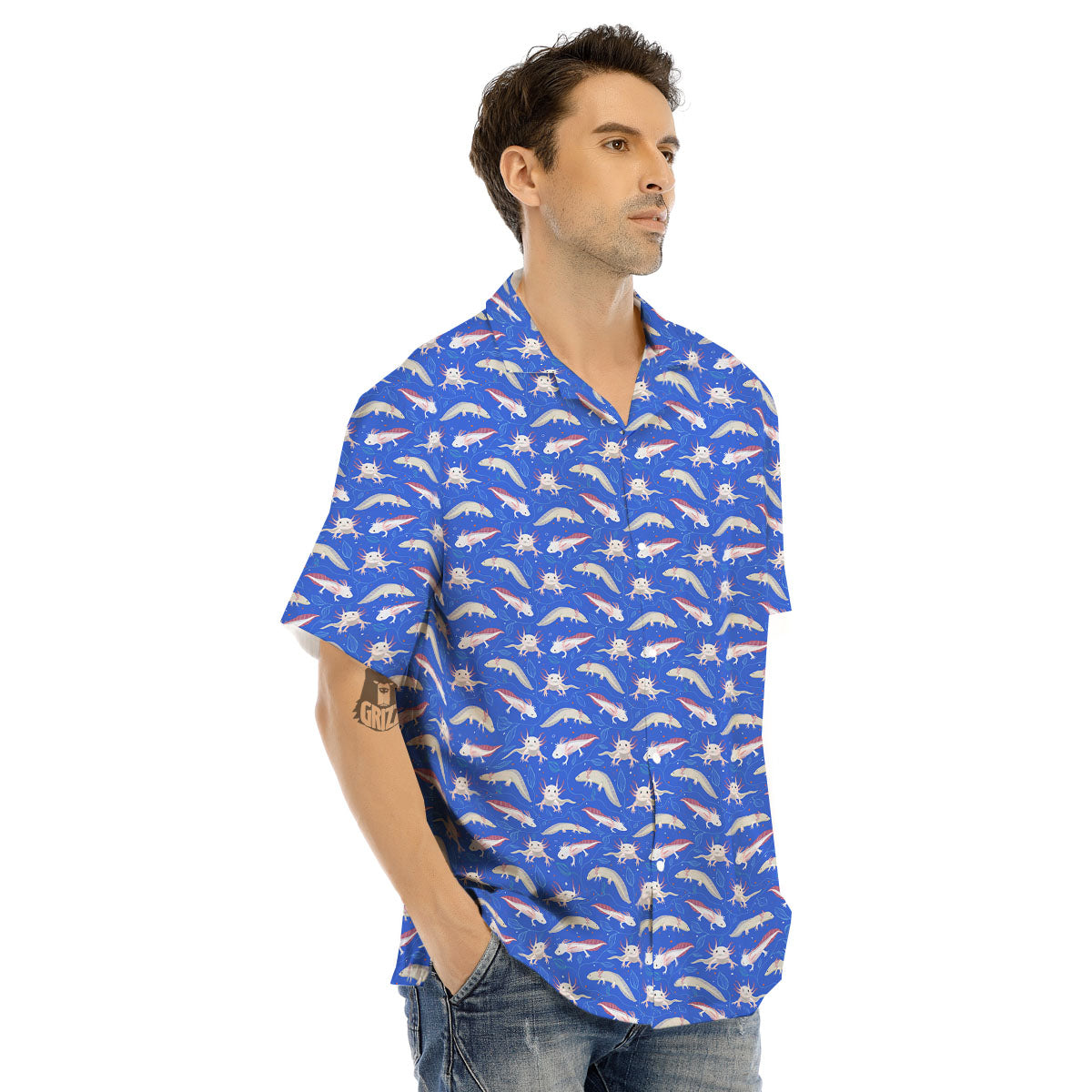 Axolotl Blue Print Pattern Men's Hawaiian Shirt-grizzshop