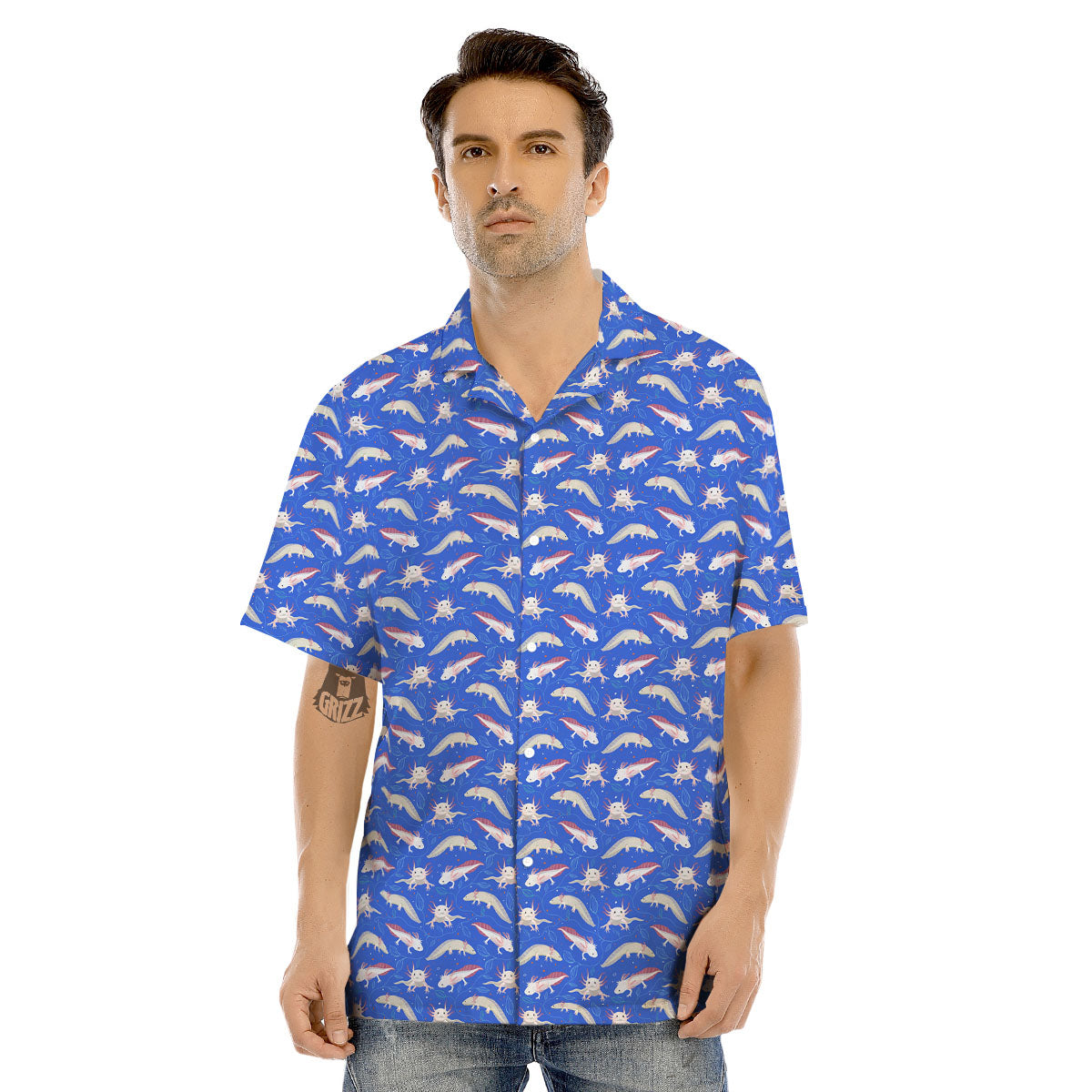 Axolotl Blue Print Pattern Men's Hawaiian Shirt-grizzshop