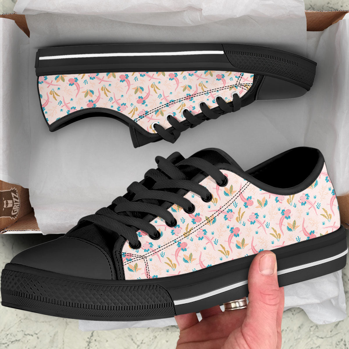 Axolotl Pastel Print Pattern Black Low Top Shoes-grizzshop