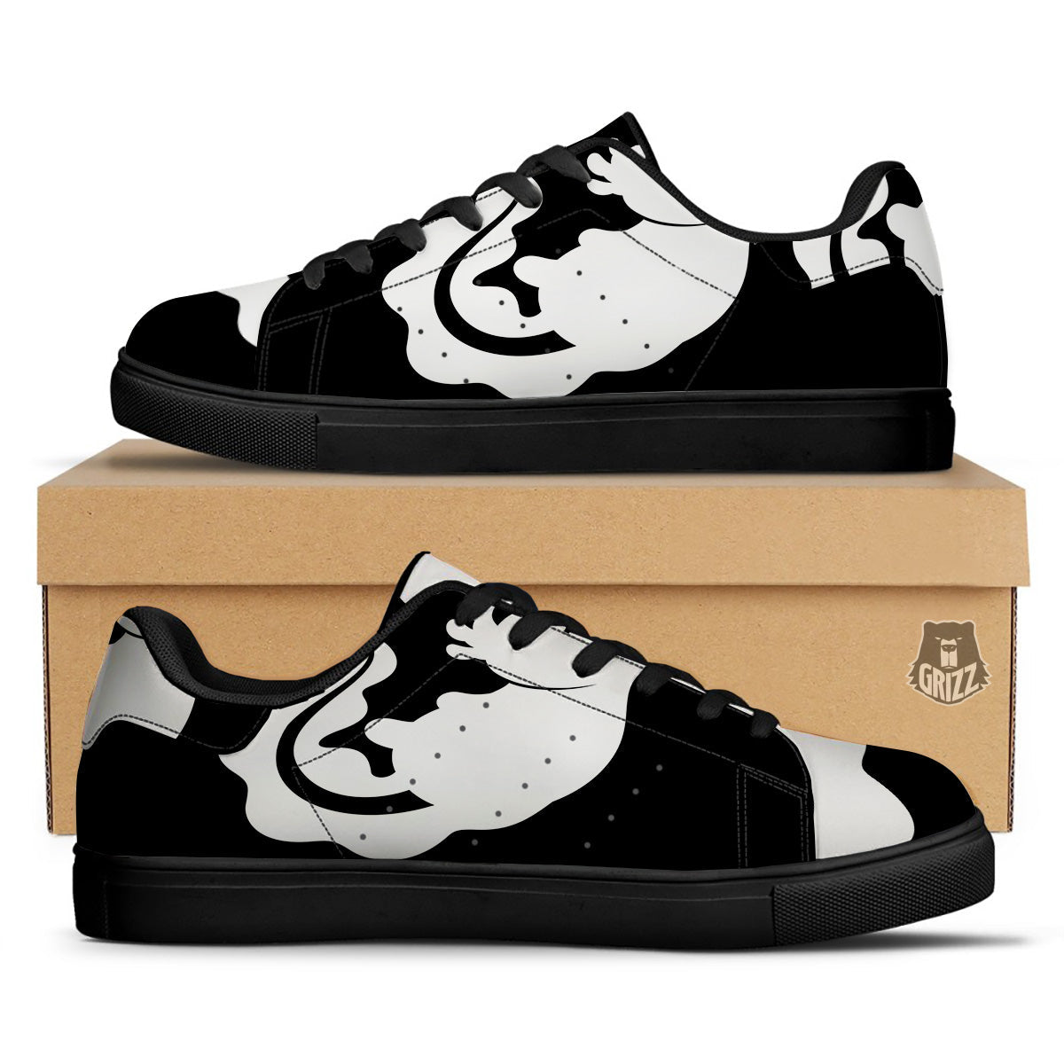 Axolotl White And Black Print Black Low Top Sneakers-grizzshop