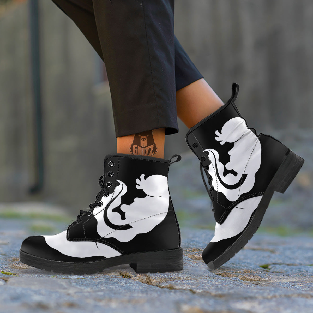 Axolotl White And Black Print Leather Boots-grizzshop