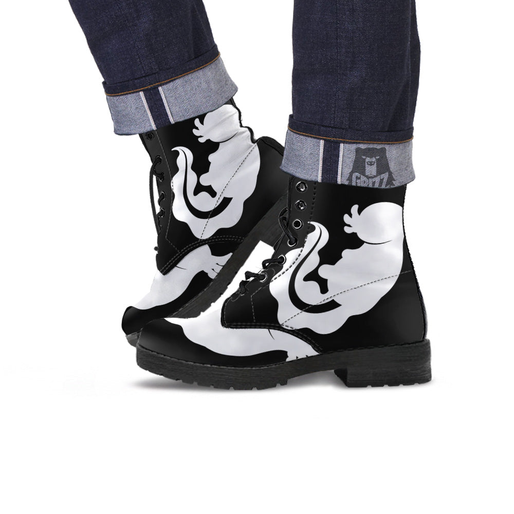 Axolotl White And Black Print Leather Boots-grizzshop
