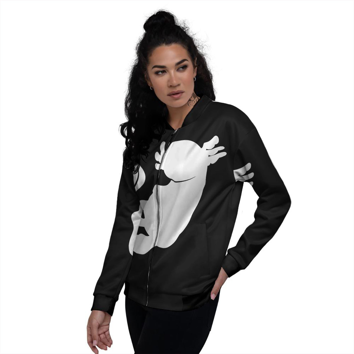 Axolotl White And Black Print Women's Bomber Jacket-grizzshop