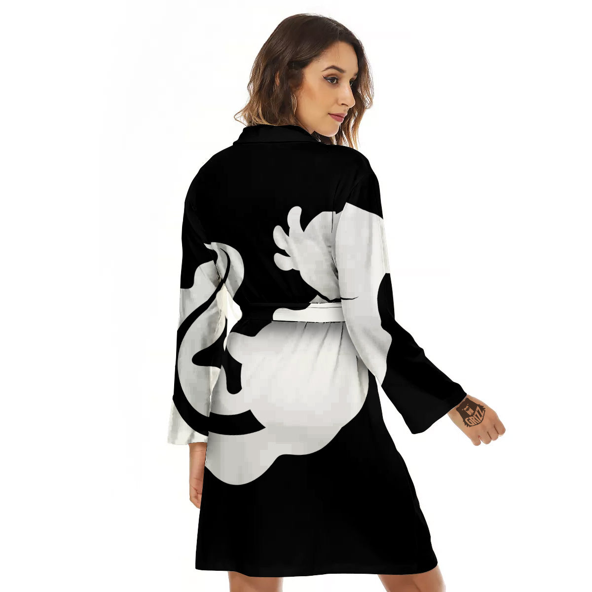 Axolotl White And Black Print Women's Robe-grizzshop