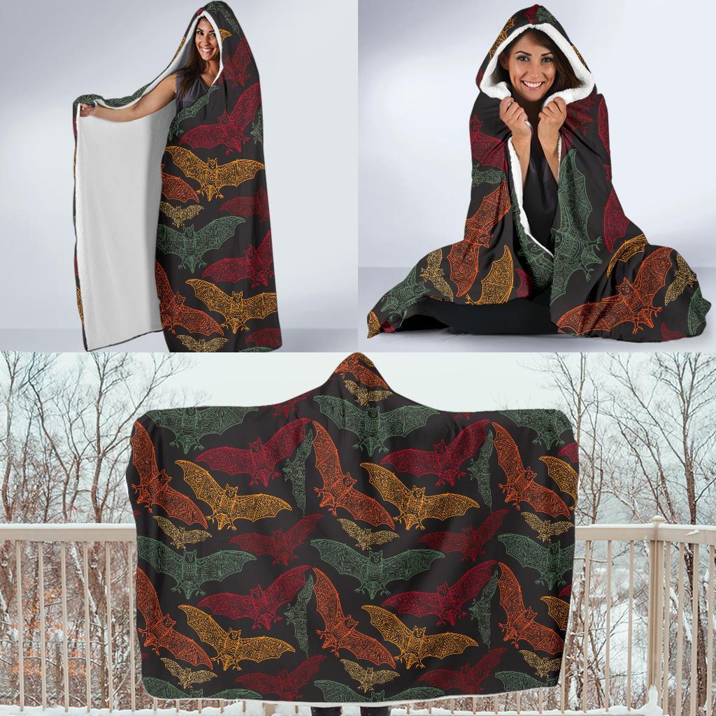 Aztec Bat Halloween Pattern Print Hooded Blanket-grizzshop