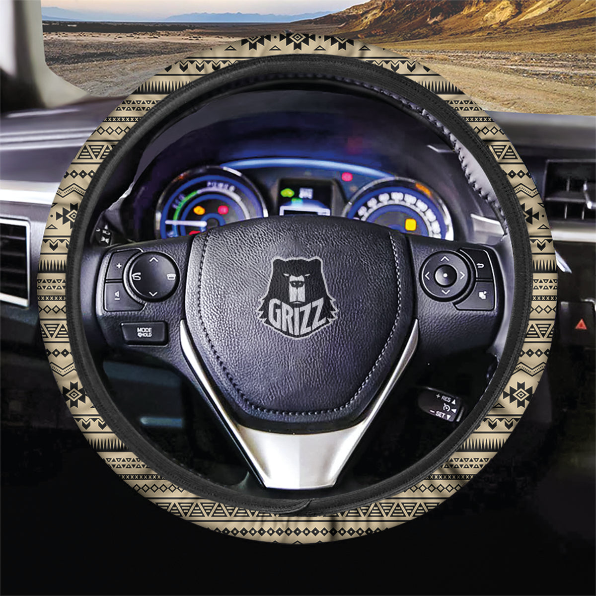 Aztec Beige And Black Print Pattern Car Steering Wheel Cover-grizzshop