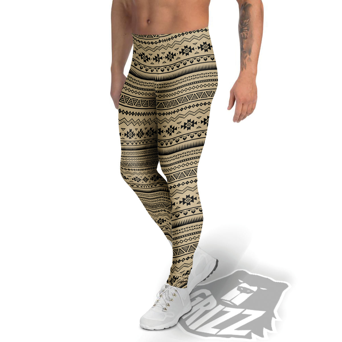 Aztec Beige And Black Print Pattern Men's Leggings-grizzshop