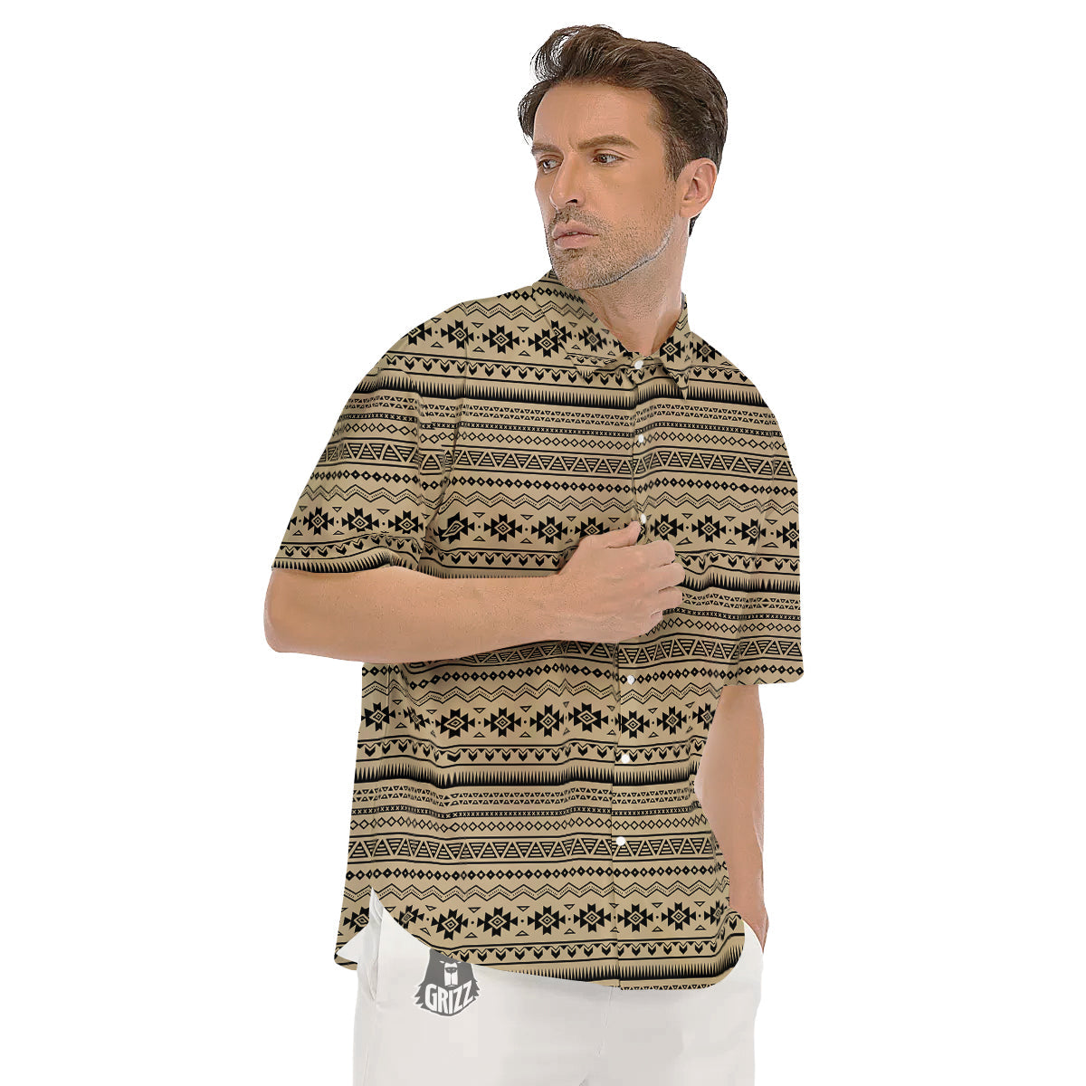 Aztec Beige And Black Print Pattern Men's Short Sleeve Shirts-grizzshop