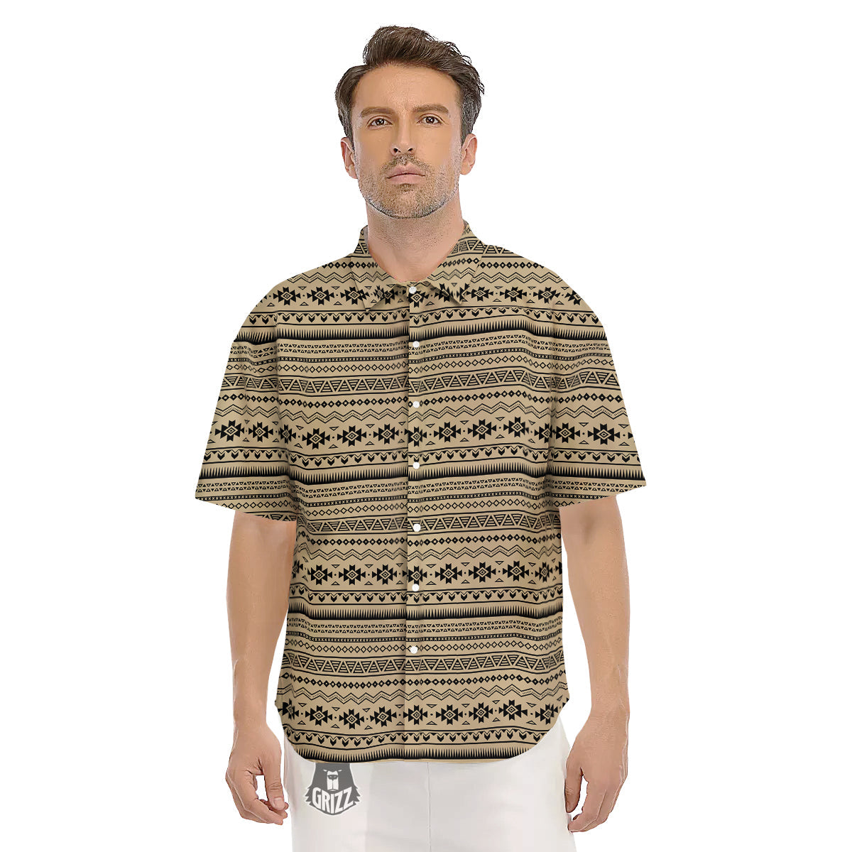 Aztec Beige And Black Print Pattern Men's Short Sleeve Shirts-grizzshop