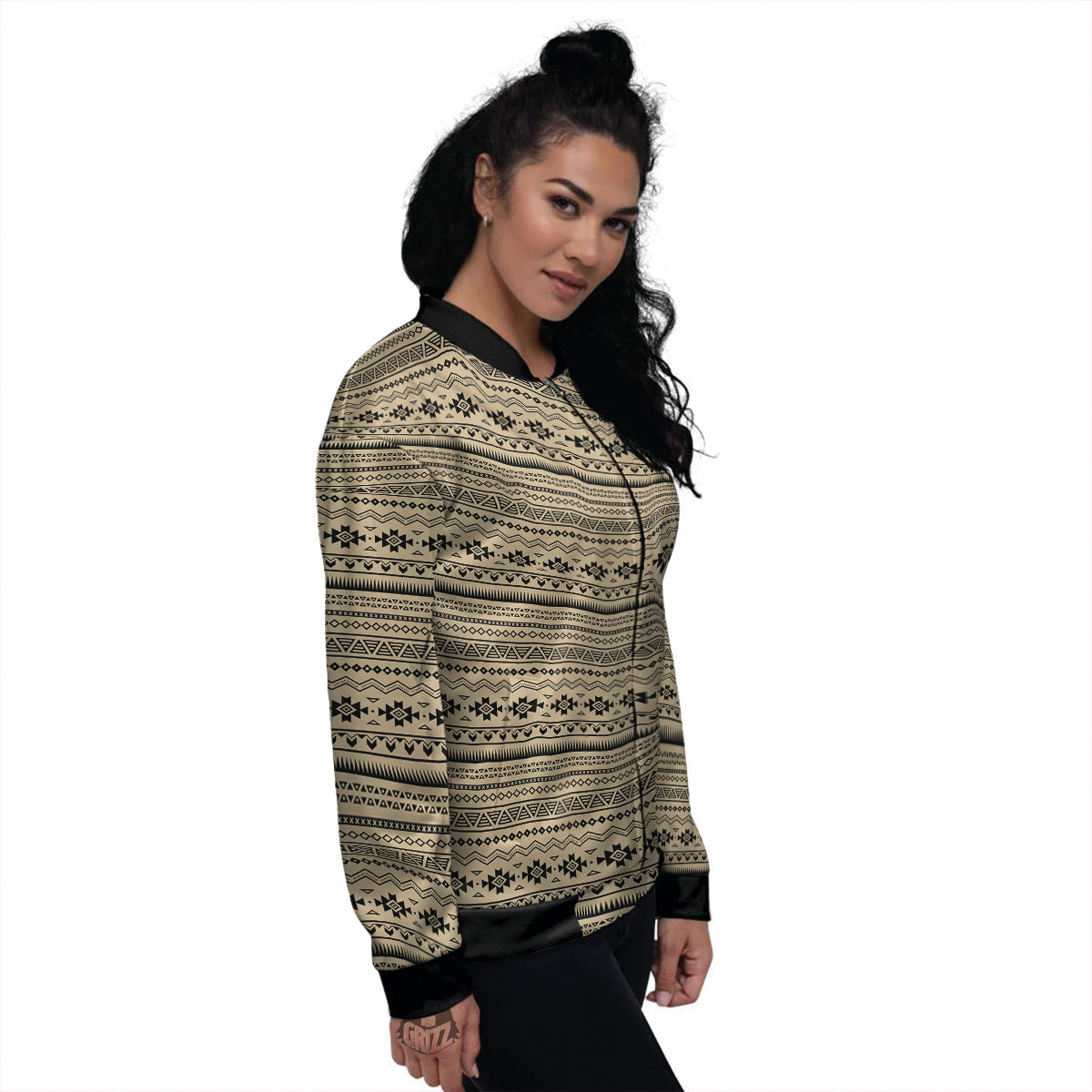 Aztec Beige And Black Print Pattern Women's Bomber Jacket-grizzshop
