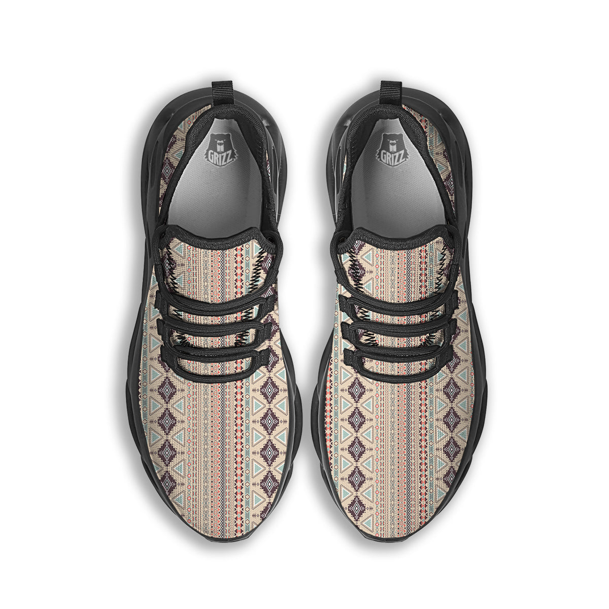 Aztec Beige Print Pattern Black Running Shoes-grizzshop
