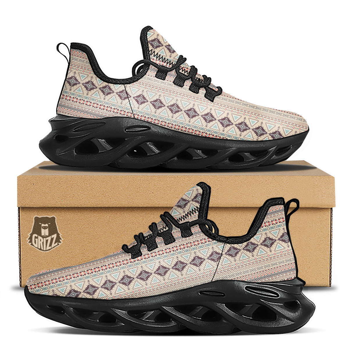 Aztec Beige Print Pattern Black Running Shoes-grizzshop