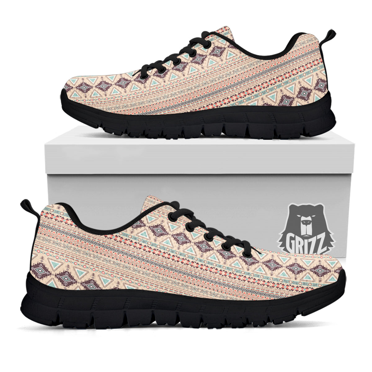 Aztec Beige Print Pattern Black Sneaker-grizzshop