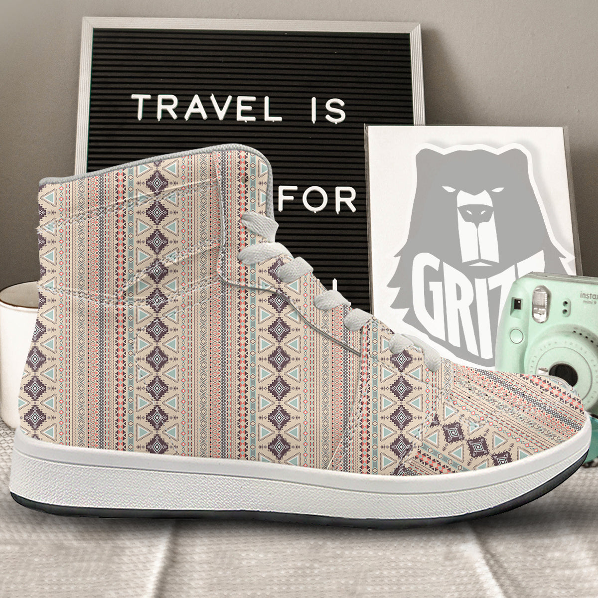 Aztec Beige Print Pattern High Top Sneakers-grizzshop