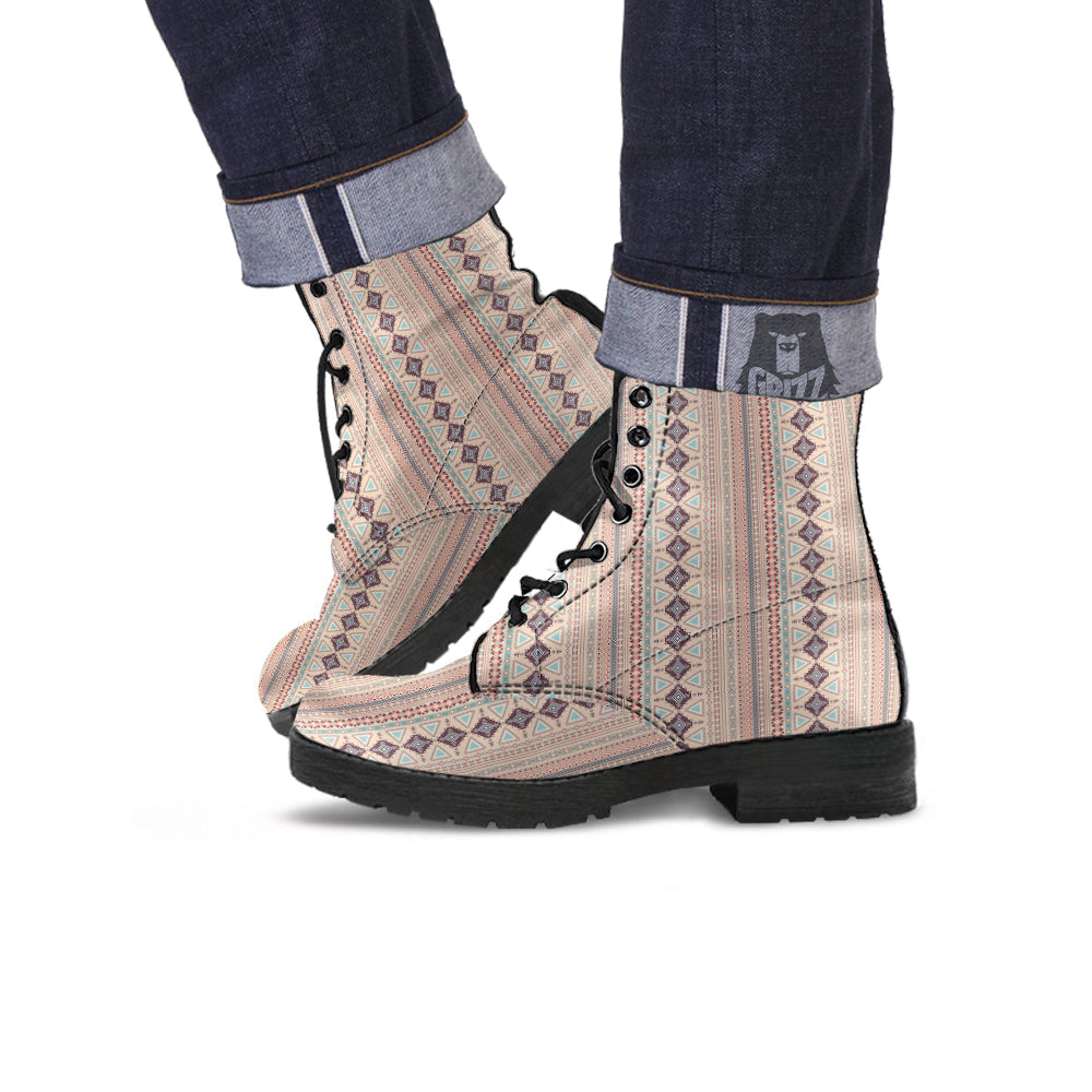 Aztec Beige Print Pattern Leather Boots-grizzshop