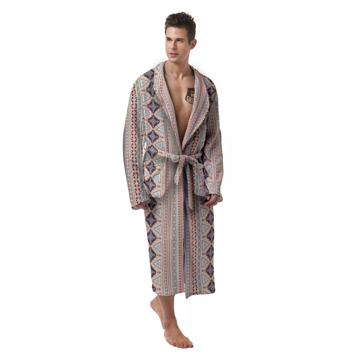 Aztec Beige Print Pattern Men's Robe-grizzshop