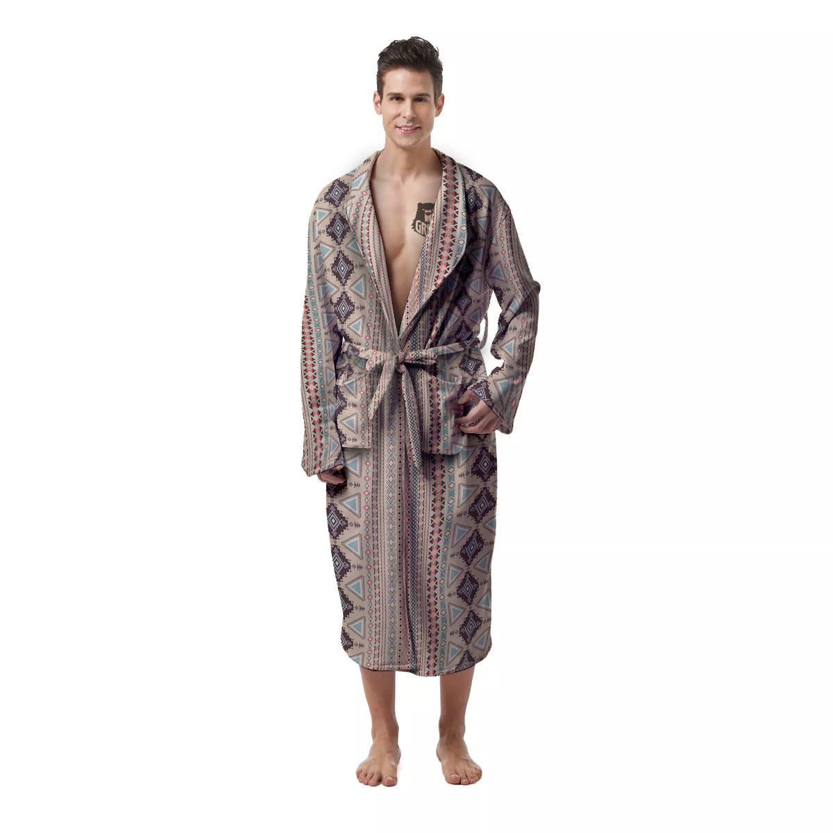 Aztec Beige Print Pattern Men's Robe-grizzshop