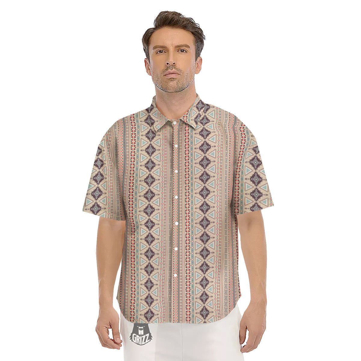 Aztec Beige Print Pattern Men's Short Sleeve Shirts-grizzshop