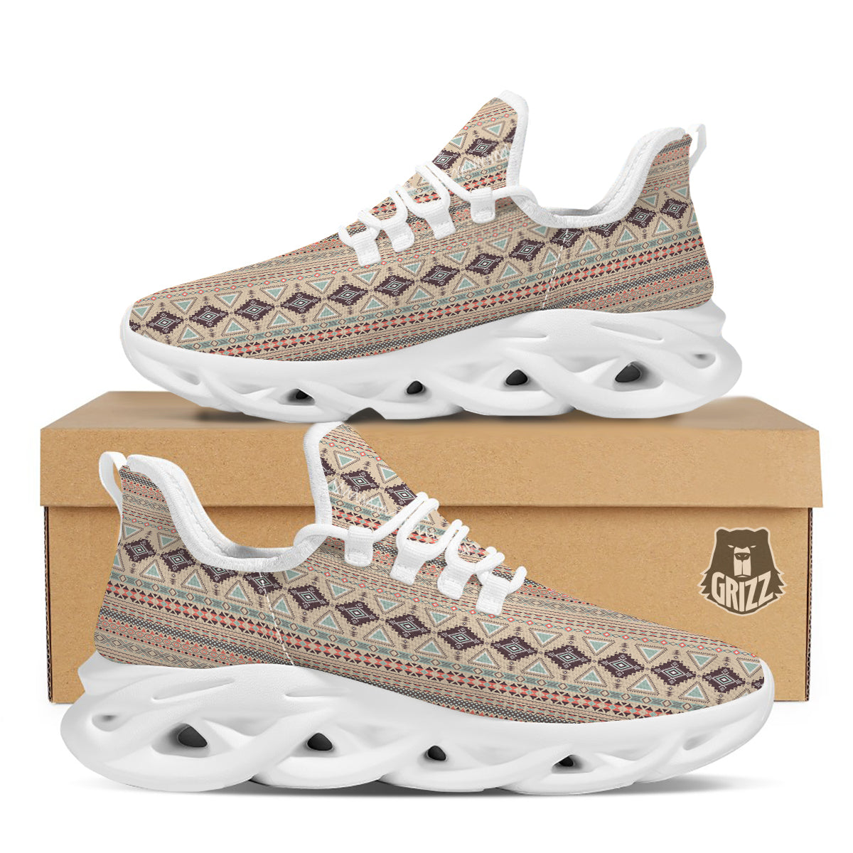 Aztec Beige Print Pattern White Running Shoes-grizzshop