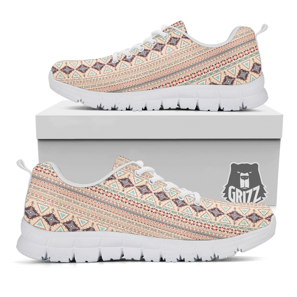 Aztec Beige Print Pattern White Sneaker-grizzshop