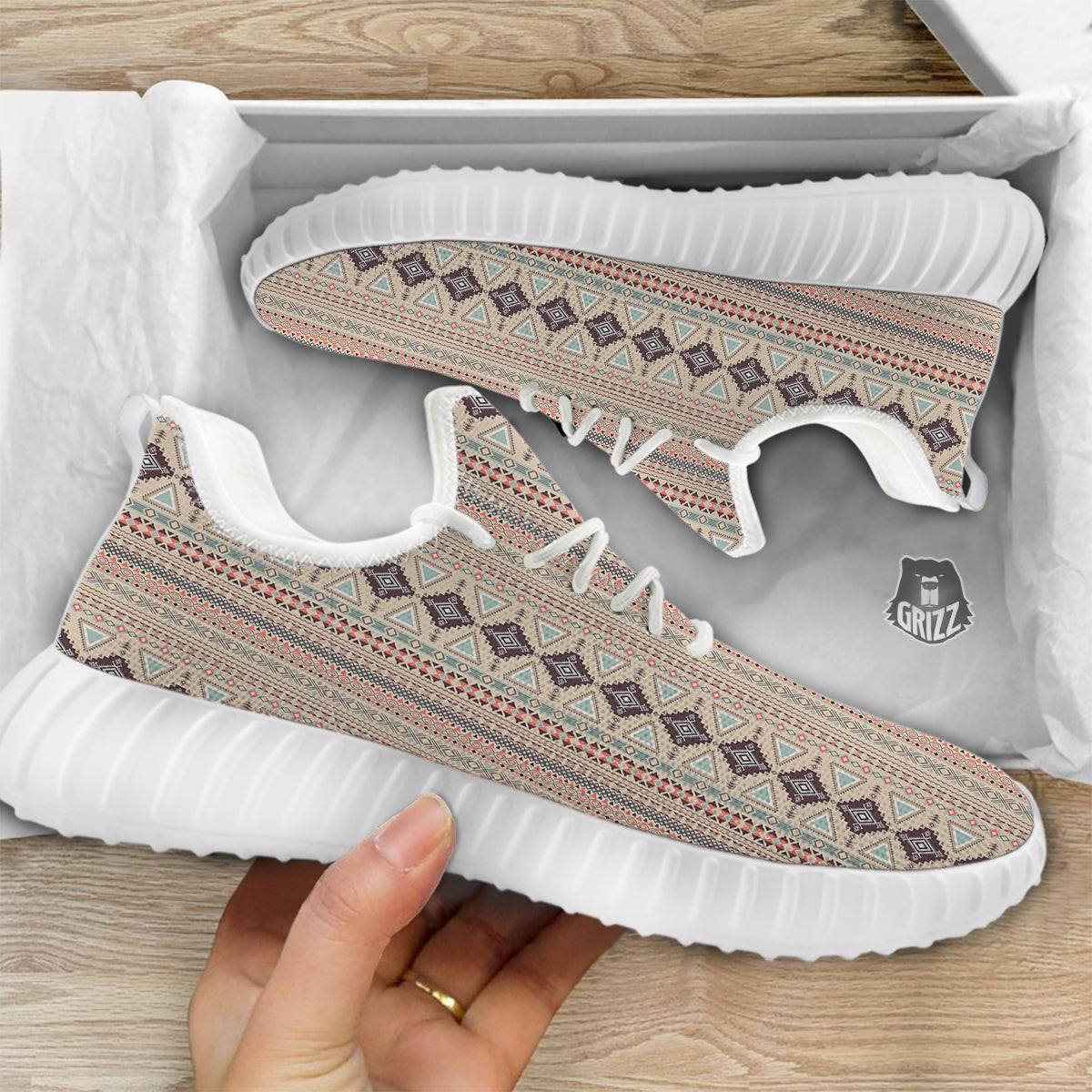 Aztec Beige Print Pattern White Walking Shoes-grizzshop