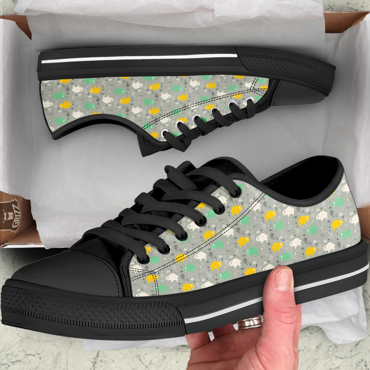 Aztec Bison Print Pattern Black Low Top Shoes-grizzshop
