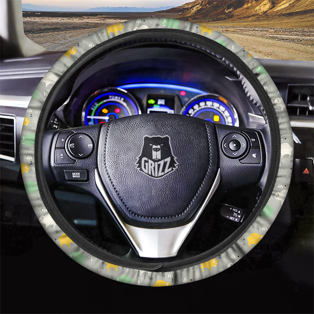 Aztec Bison Print Pattern Car Steering Wheel Cover-grizzshop