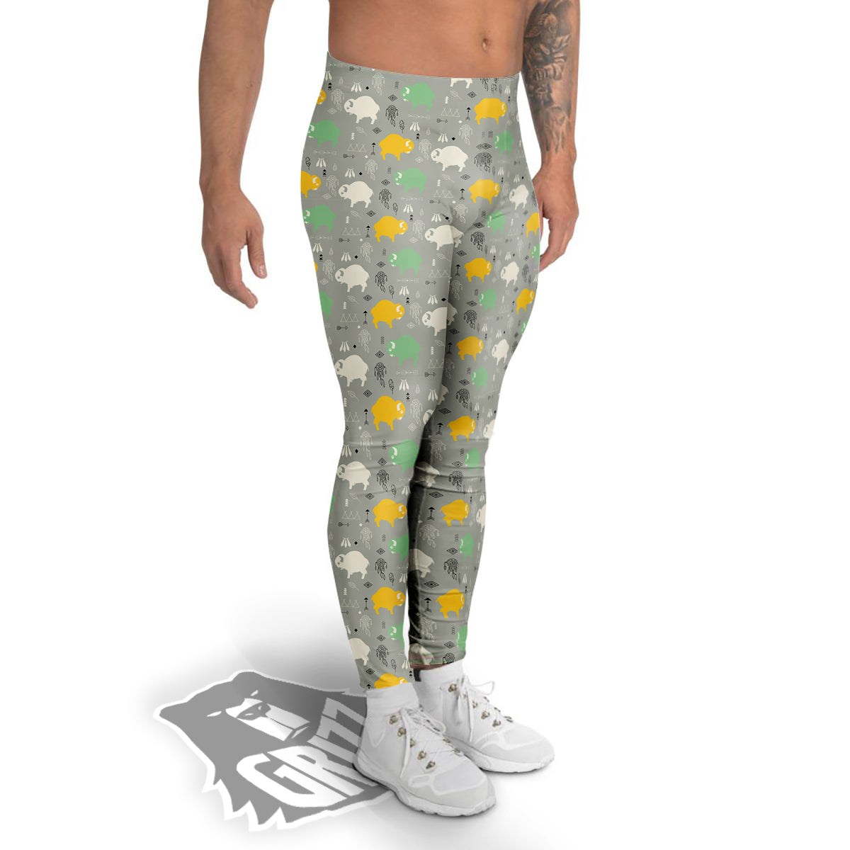 Aztec Bison Print Pattern Men's Leggings-grizzshop