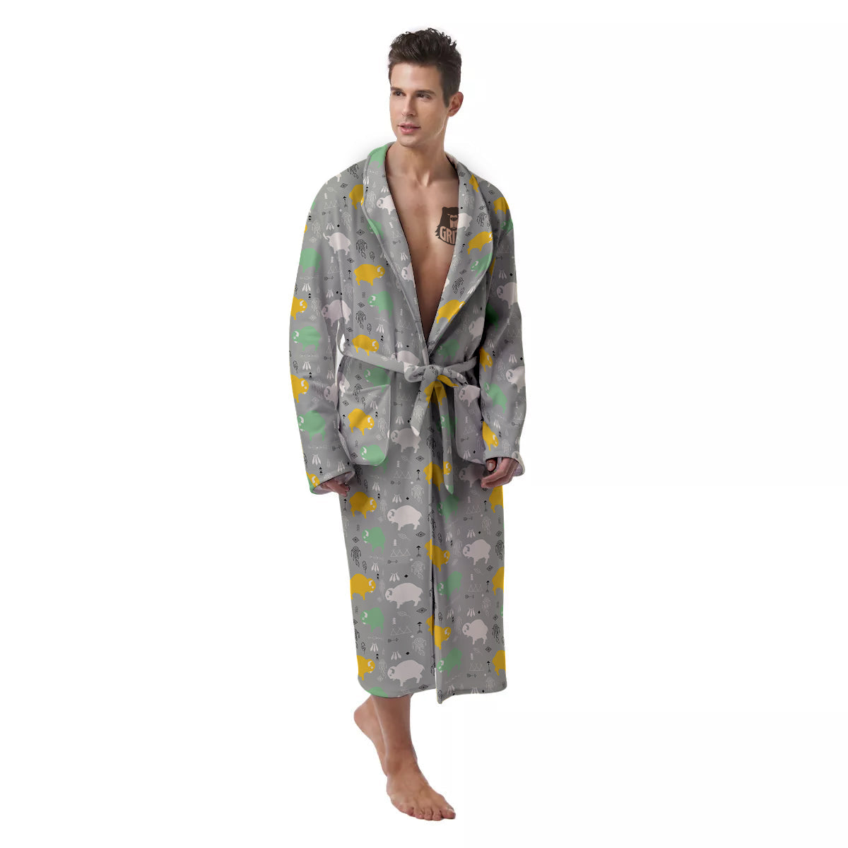 Aztec Bison Print Pattern Men's Robe-grizzshop