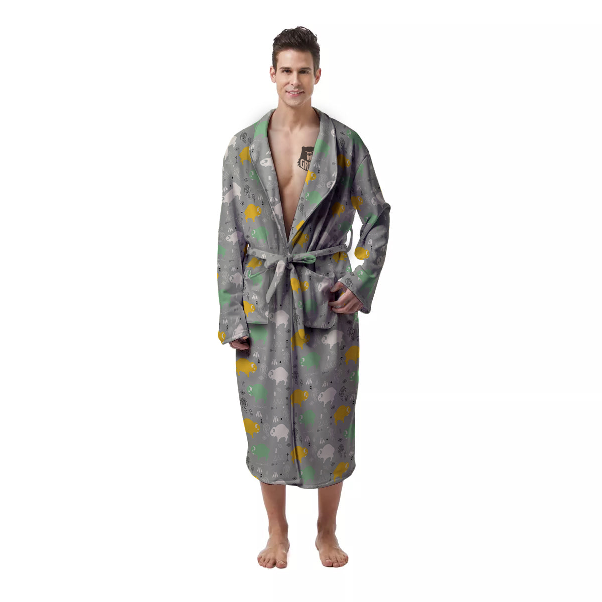 Aztec Bison Print Pattern Men's Robe-grizzshop