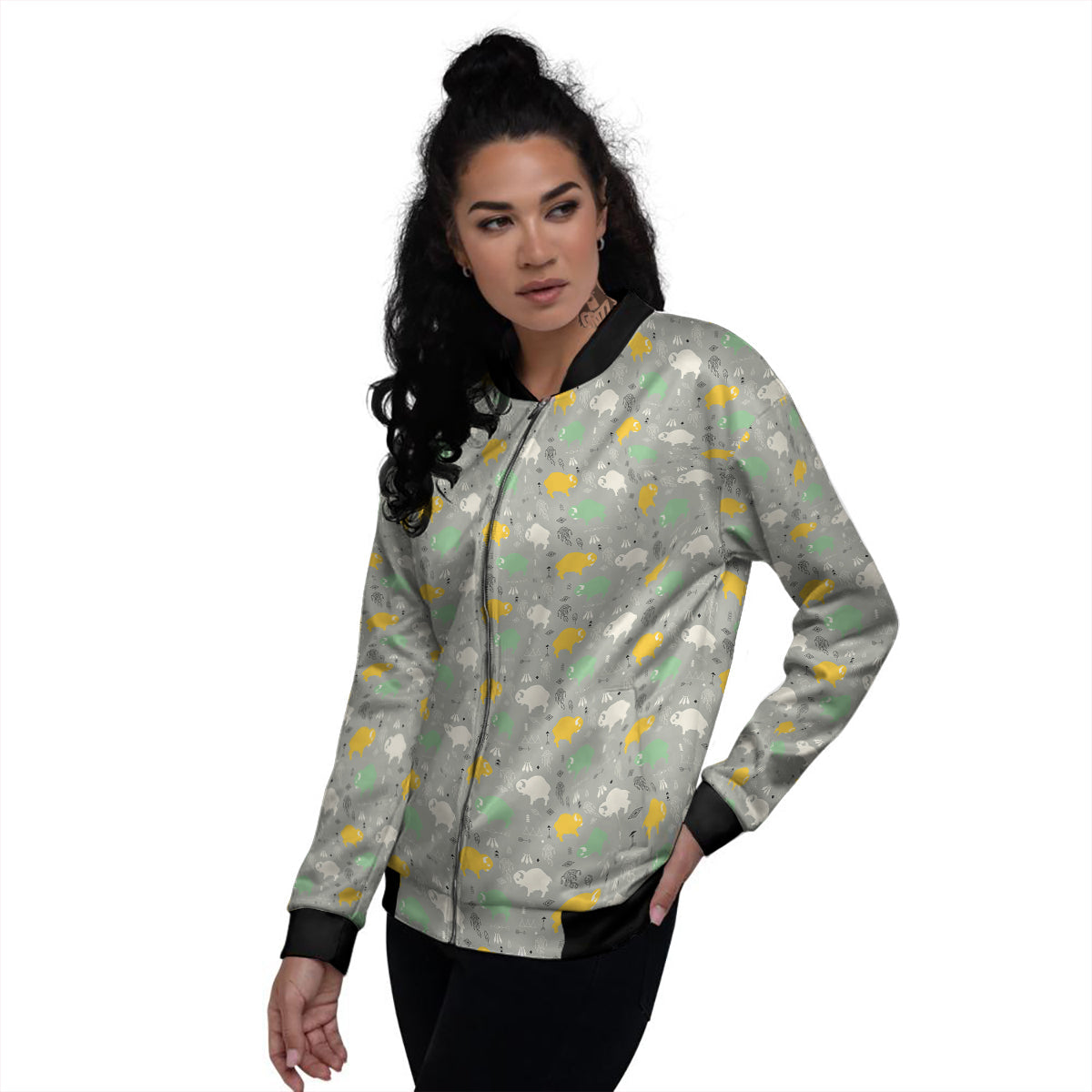 Aztec Bison Print Pattern Women's Bomber Jacket-grizzshop