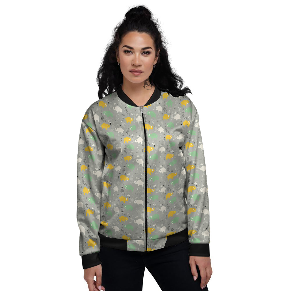 Aztec Bison Print Pattern Women's Bomber Jacket-grizzshop
