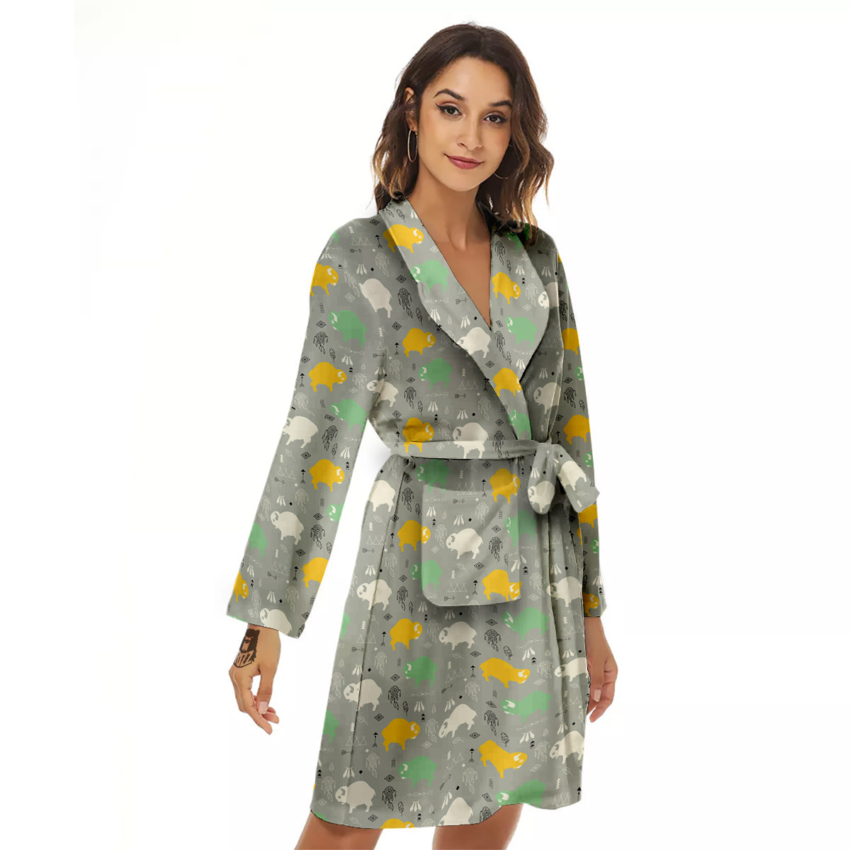 Aztec Bison Print Pattern Women's Robe-grizzshop
