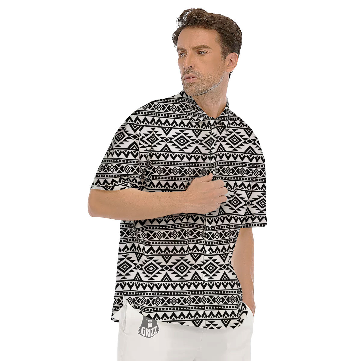 Aztec Black Ethnic Print Pattern Men's Short Sleeve Shirts-grizzshop