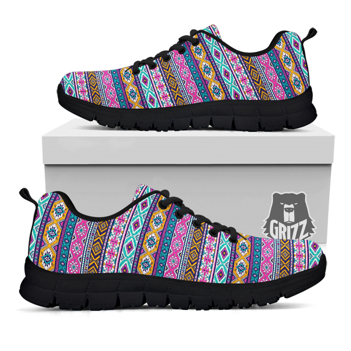 Aztec Bright Colors Print Pattern Black Sneaker-grizzshop