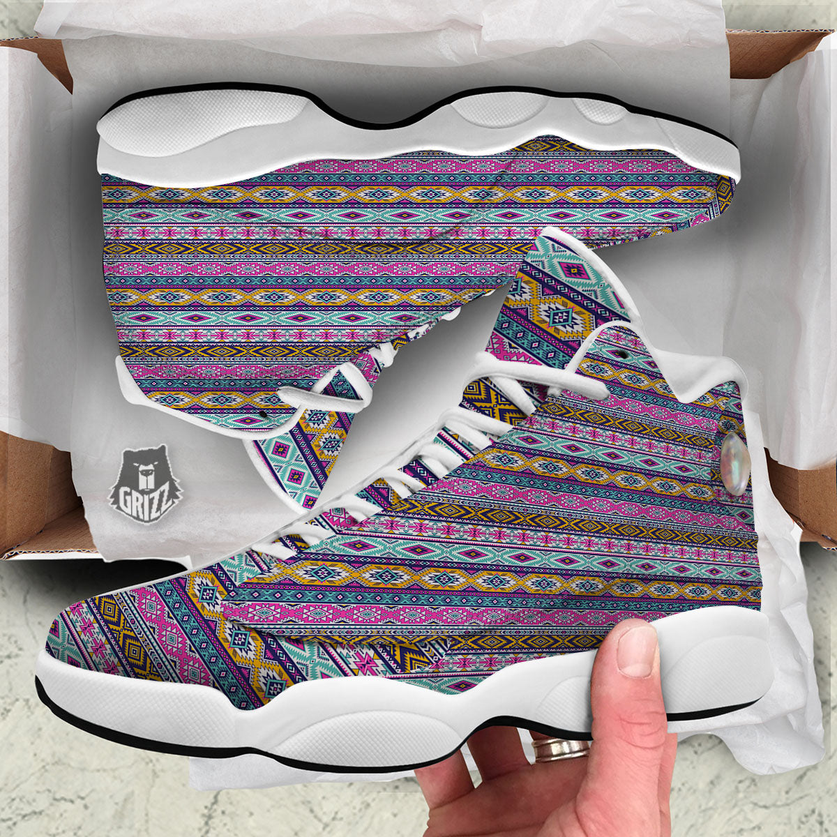 Aztec Bright Colors Print Pattern White Basketball Shoes-grizzshop