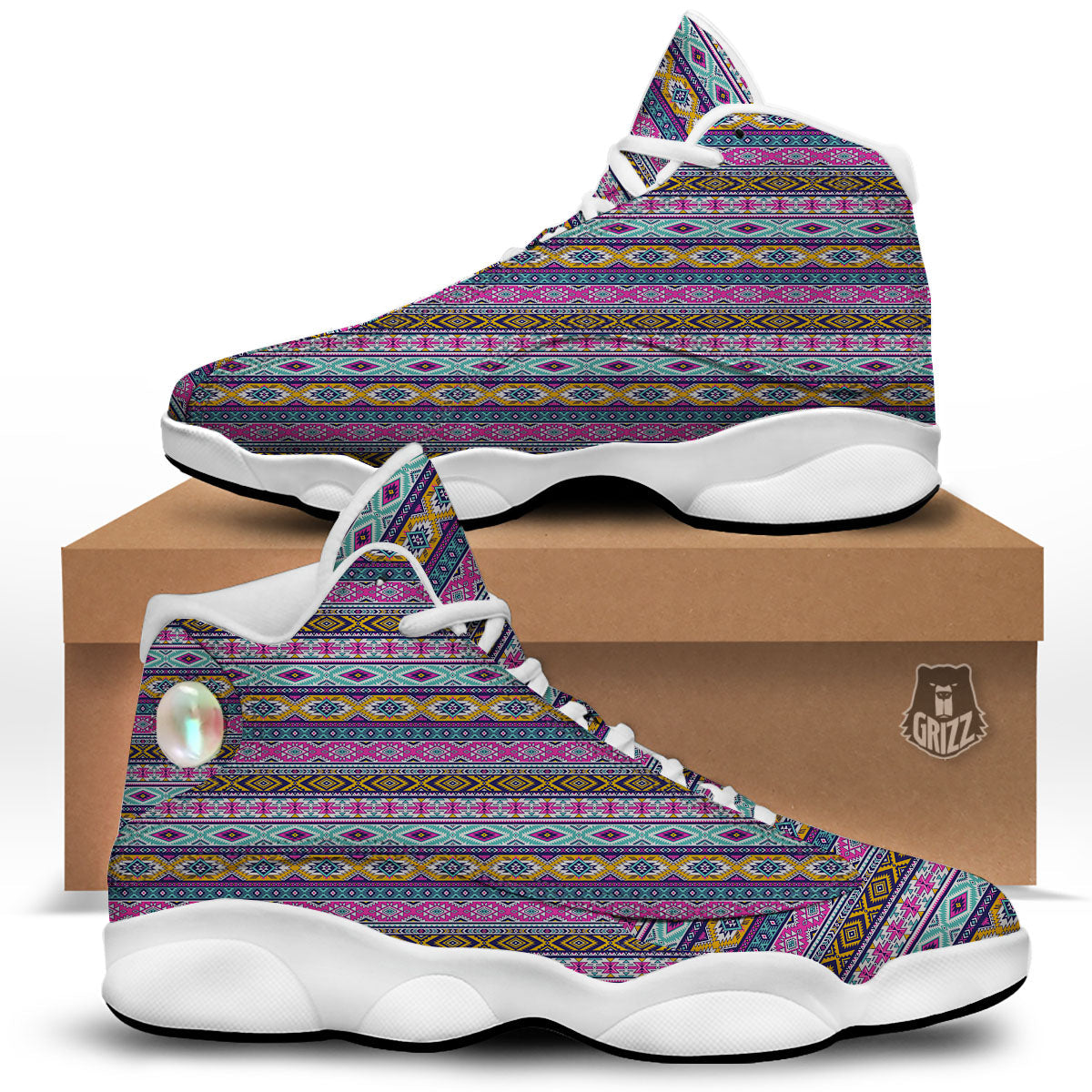Aztec Bright Colors Print Pattern White Basketball Shoes-grizzshop
