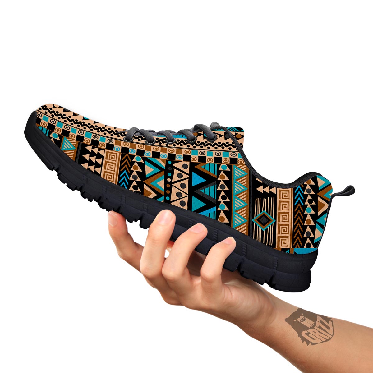 Aztec Brown And Teal Print Pattern Black Sneaker-grizzshop
