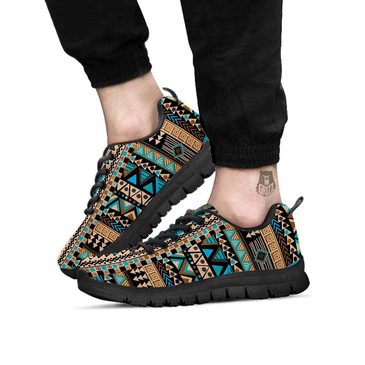 Aztec Brown And Teal Print Pattern Black Sneaker-grizzshop